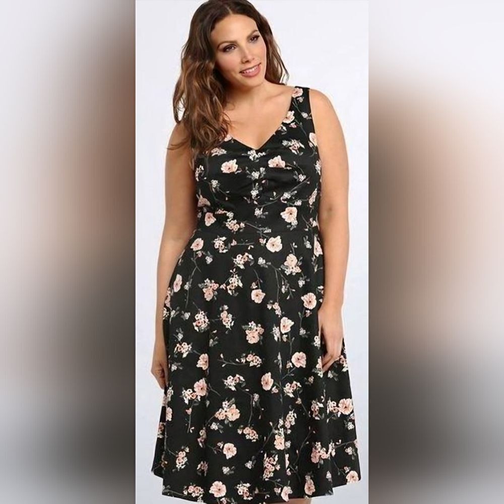 torrid Black Floral Fit-and-Flare Dress with Pink Flowers